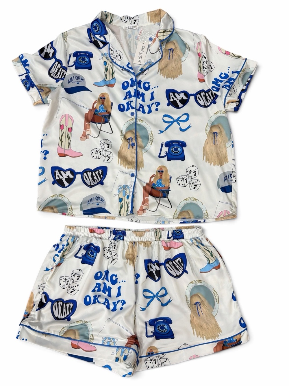 SHESHOW Megan Moroney Am I Okay? Novelty Print Silky Pajamas - NWT Size Large